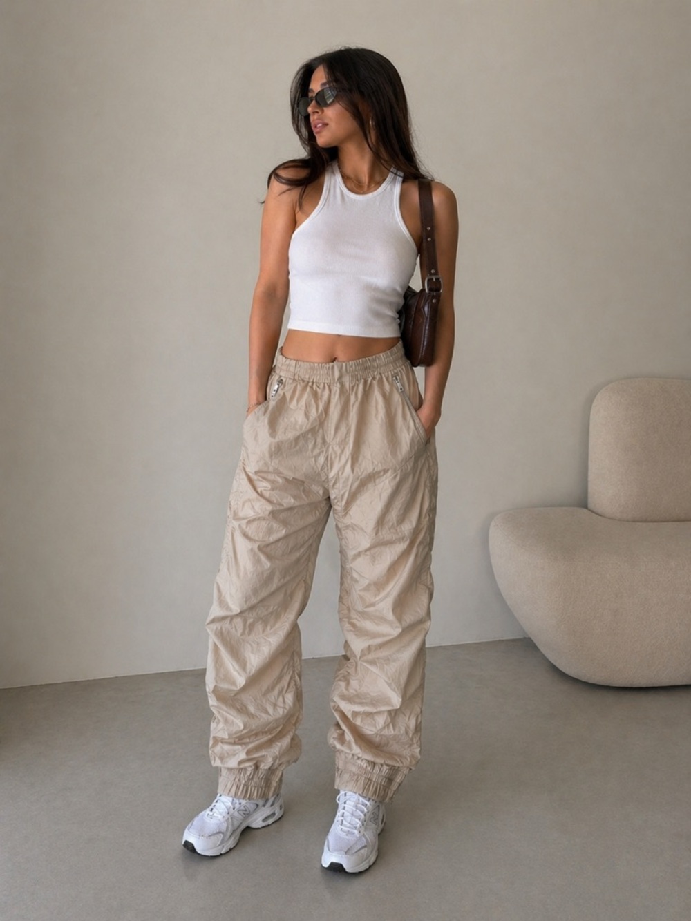 FAVLUX Boutique Beige Elastic Waist Jogger Street Style Pant Zip Pocket - Size M